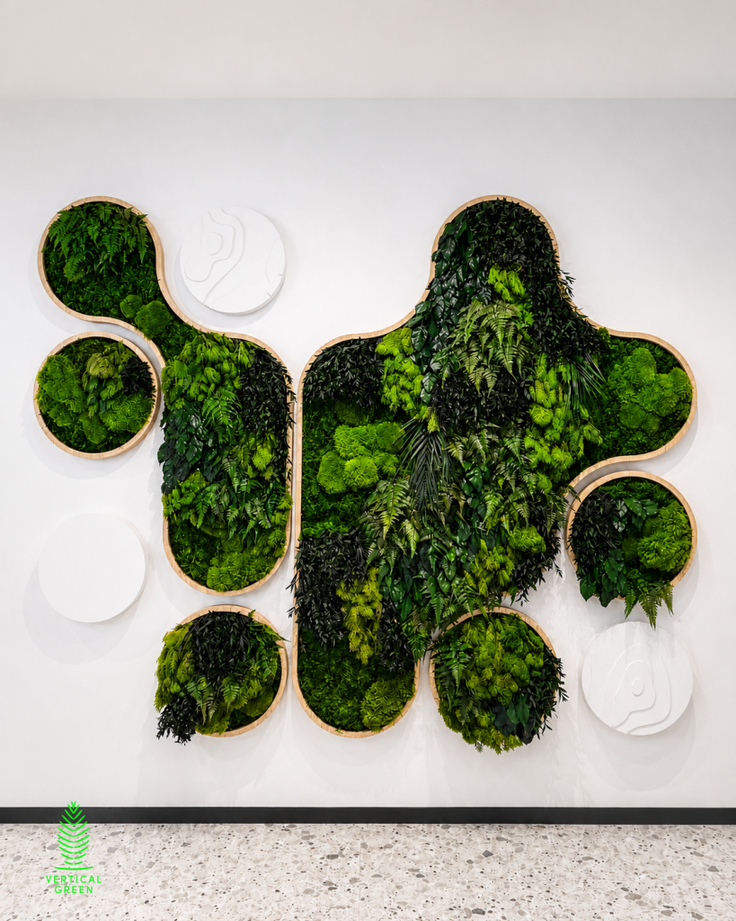 Modern preserved green wall at MSD Pharma Singapore showcasing HygroPreserved moss, preserved foliage, and custom organic-shaped feature panels.